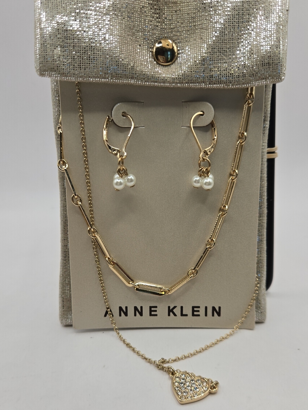 NEW Anne Klein Gold Pearl Drop Earrings with Layered Gold Necklace
